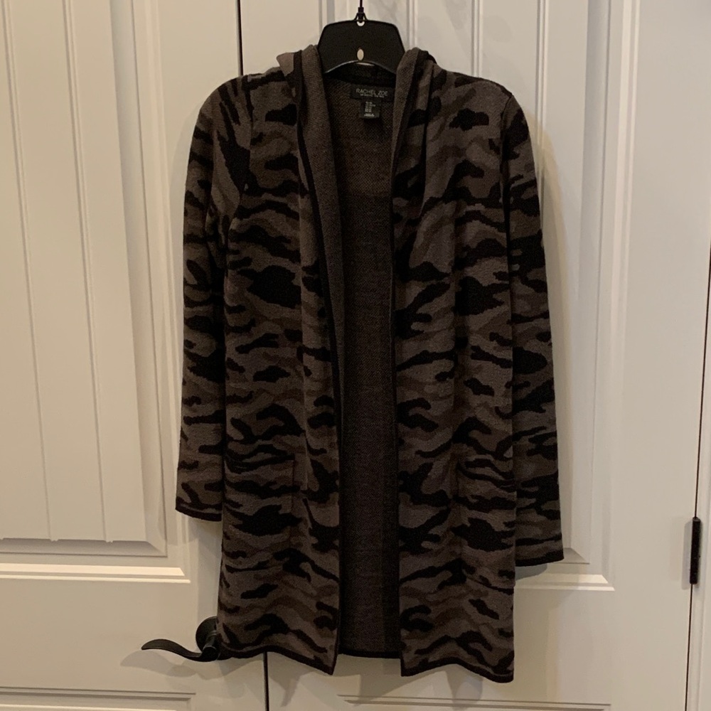 Rachel Zoe Camouflage Hooded Cardigan Wrap Duster Black and Green